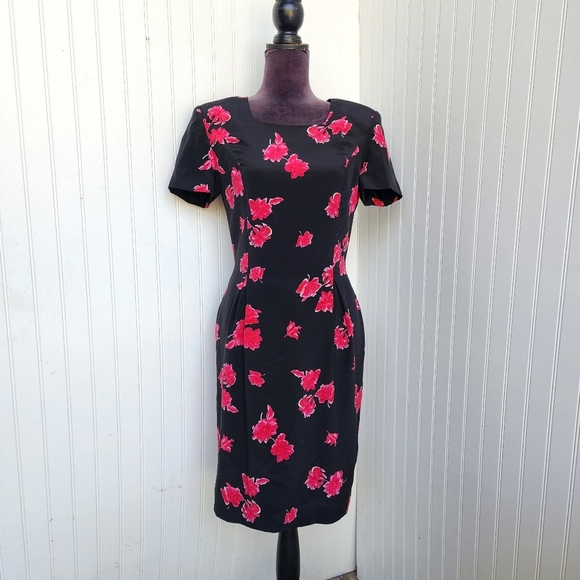 VTG Patrick Collection Ceuise Dress Womens Black Pink Floral 100% Pure Silk Sz 4 - Picture 1 of 15